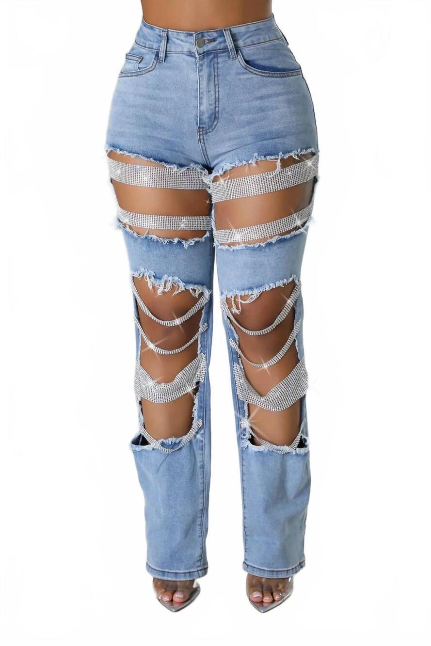 NEW ROSA CLOTHING pearl & rhinestone chain ripped cut out jeans in light blue
